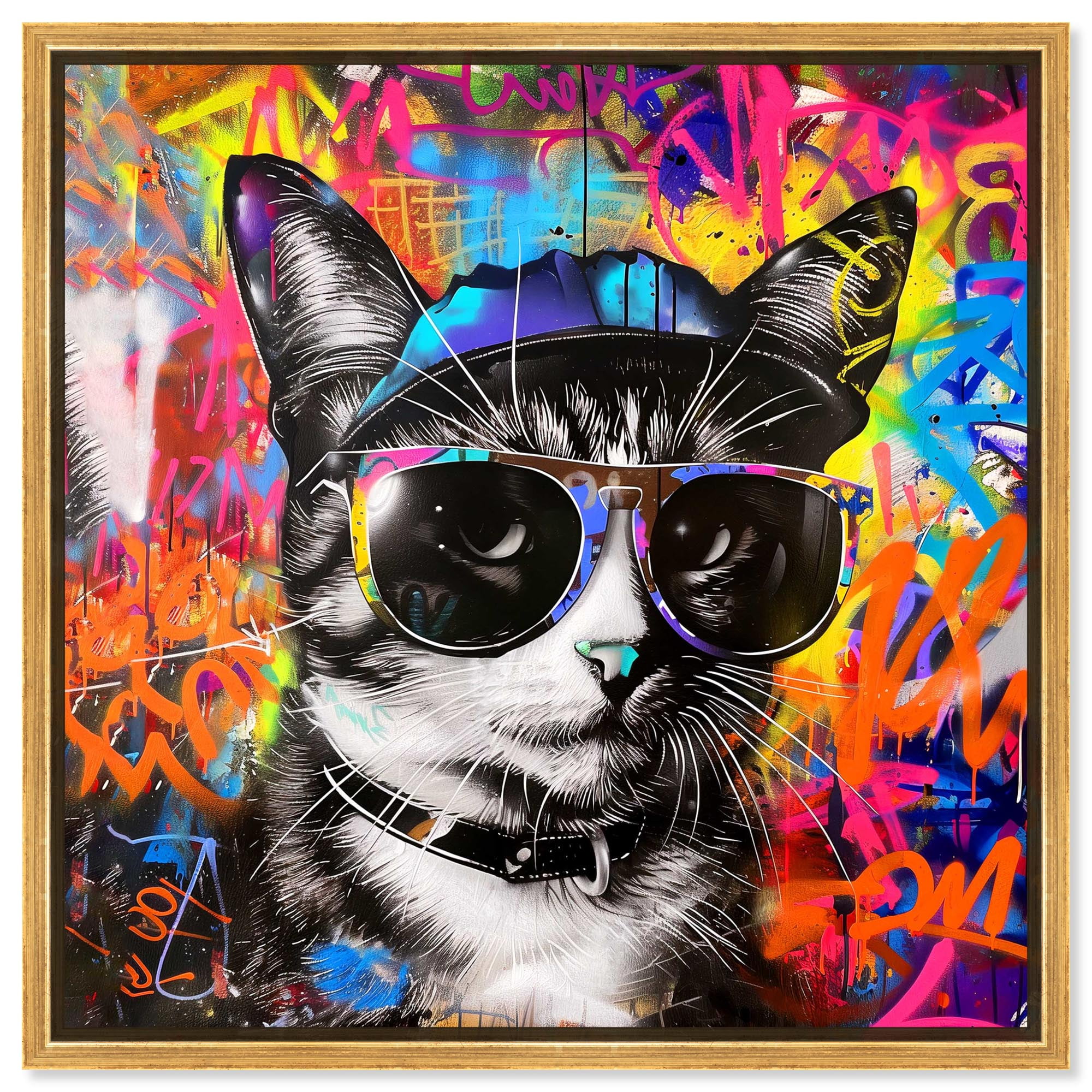 Stylish Graffiti Cat Canvas Graffiti Art by Art Remedy, Gold Frame Stylish Graffiti Cat Canvas Graffiti Art by Art Remedy, Gold Frame