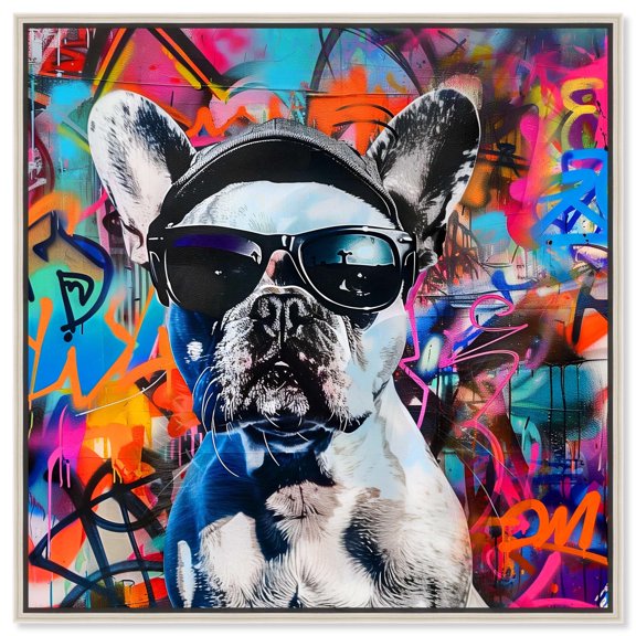 Stylish Graffiti Frenchie Canvas Graffiti Art by Art Remedy, Silver Frame, 30" x 30"