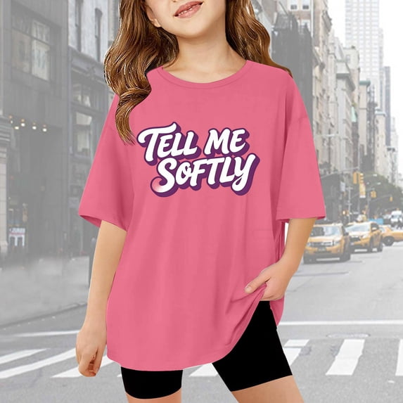 Stylish Graphic Letter Print Girls Casual Tees Youth Fashion Comfortable Shirts For Kids Apparel T-Shirts Kids Short Sleeve Crewneck Solid Basic Tees Casual Tops