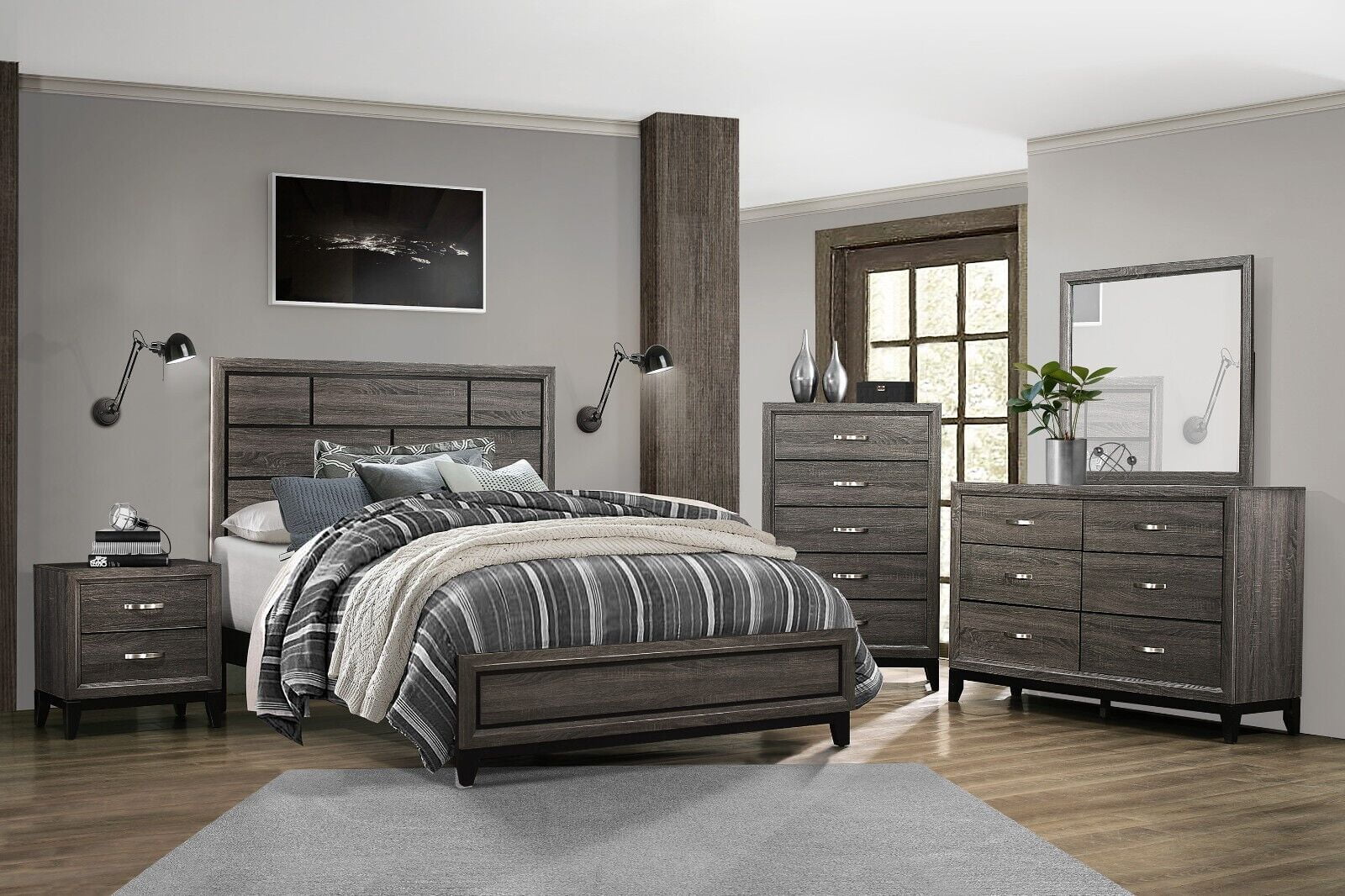 Stylish Gray Finish Modern Bedroom 5pc Set Queen Bed Nightstand Dresser ...
