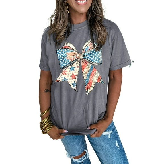 Stylish Gray Graphic Tee with US Flag and Bow Design - Perfect for Summer - [ZhiHiMeRi] | (US 4-6)S