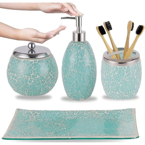 Stylish Green Bathroom Accories Sets 4 Pcs Luxurious Glass Soap Dispenser Toothbrush Holder Cotton Swab Jar Vanity Tray Modern Decor Bling Mosaic Glass Turquoise Bathroom Accories