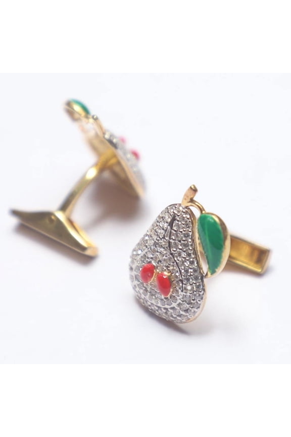 Stylish Green & Red Enamel Pear Pattern Pear-Shaped Sterling Silver Cufflinks With Cubic Zirconia Stone