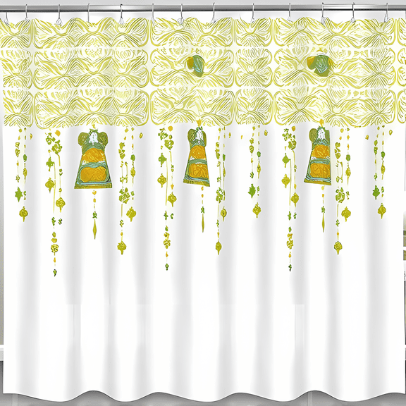 Stylish Green and Yellow Bell-Shaped Shower Curtain with Leaf Design - Cheerful Bathroom Decor