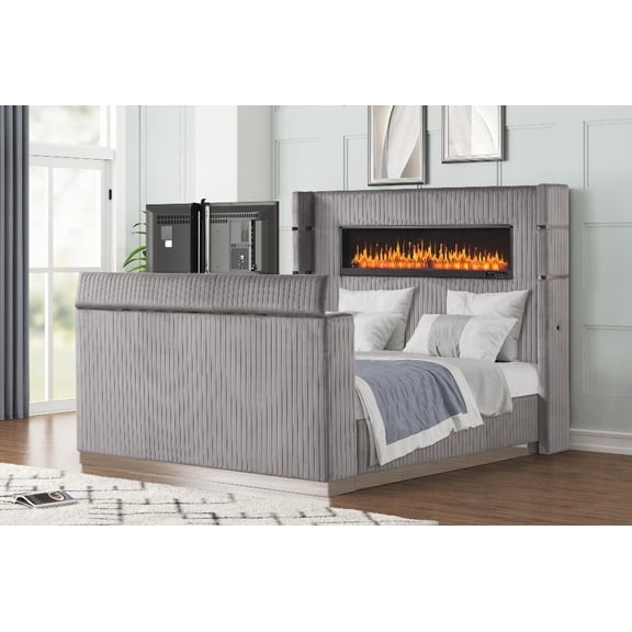 Stylish Grey King Bed Incorporating Fireplace Headboard & TV Stand Footboard (NJ Inventory)