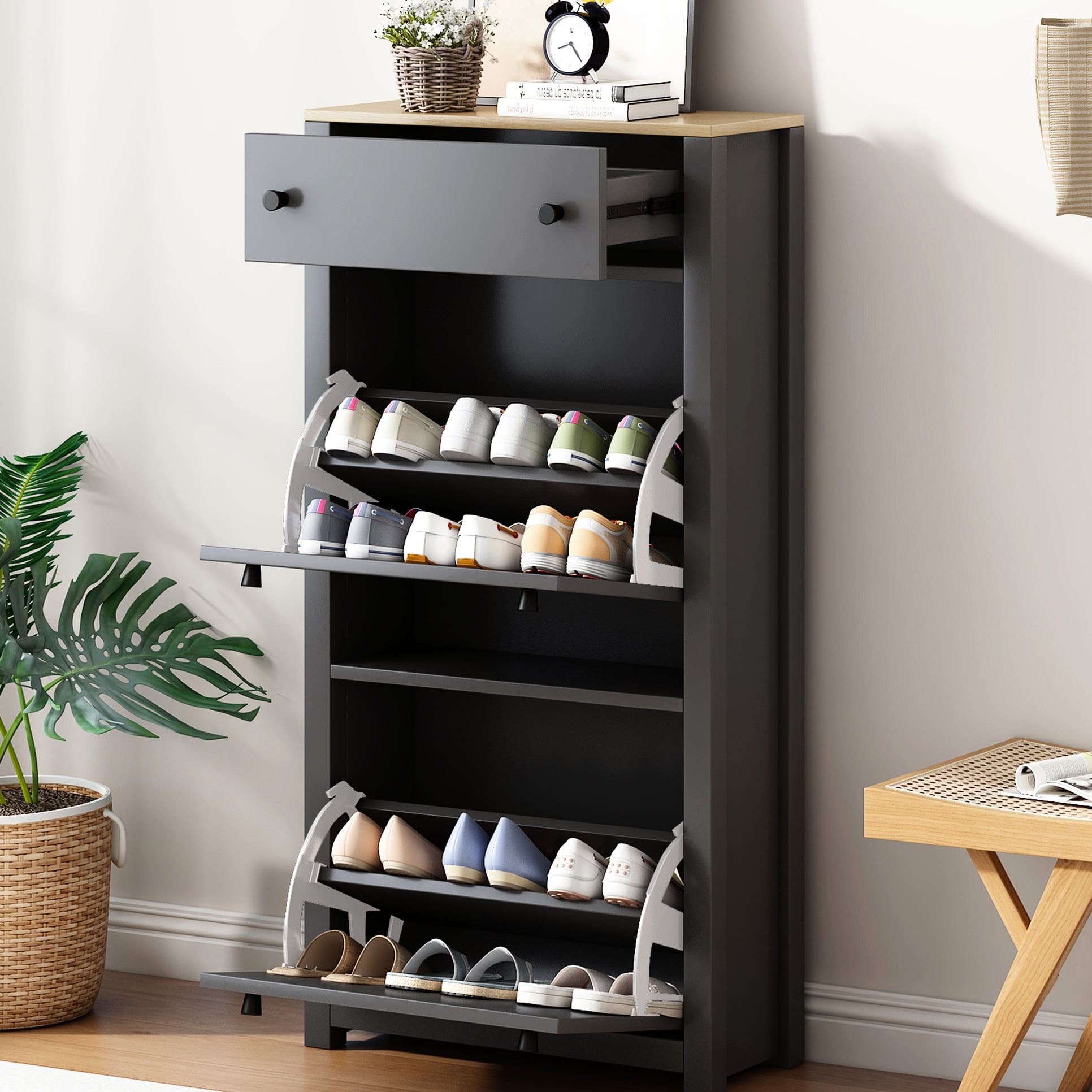 Stylish Grey Shoe Rack With 2 Flip Drawers & Tailored Compartment ...