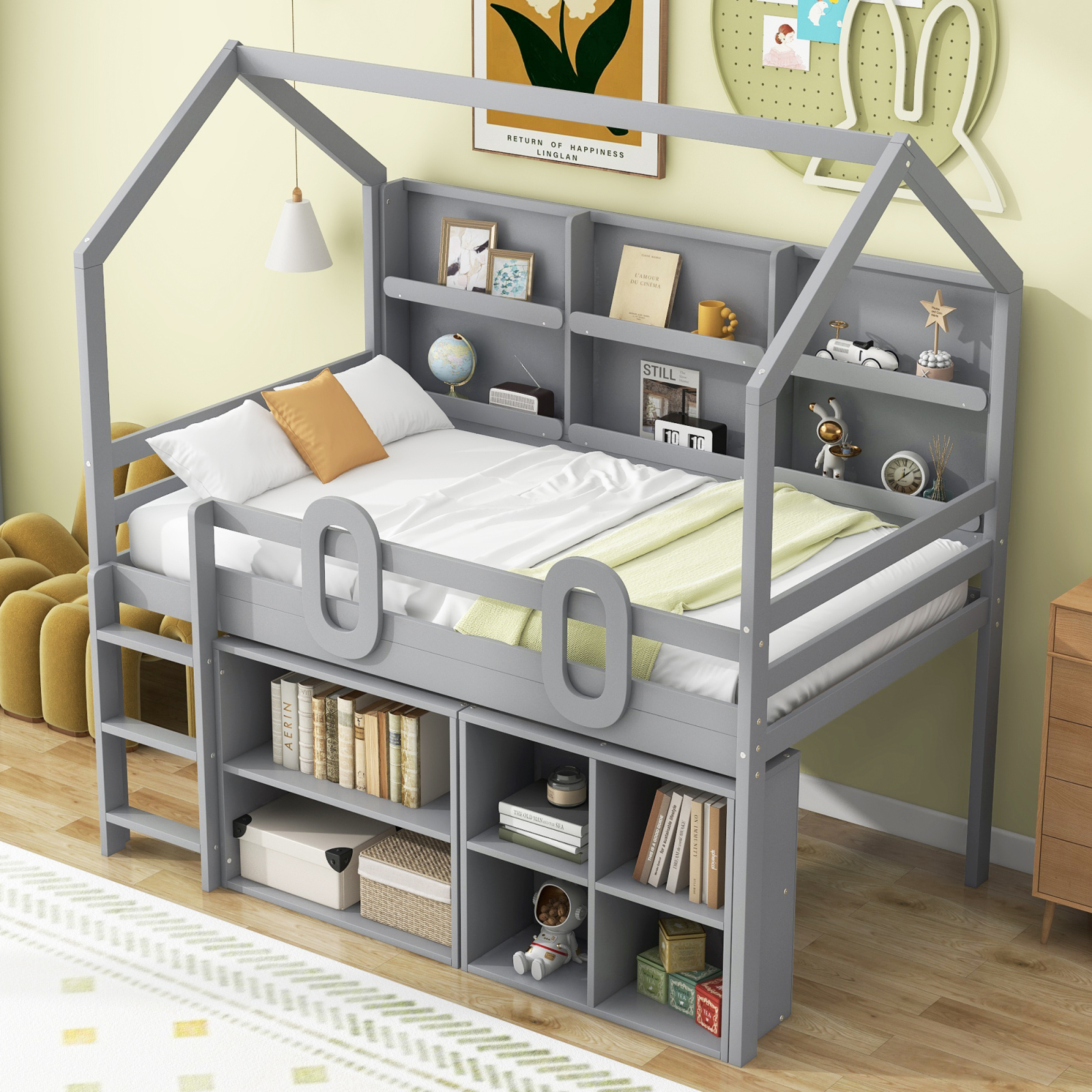 Stylish Grey Twin Size House Loft Bed, Sturdy Wood Construction, Ample