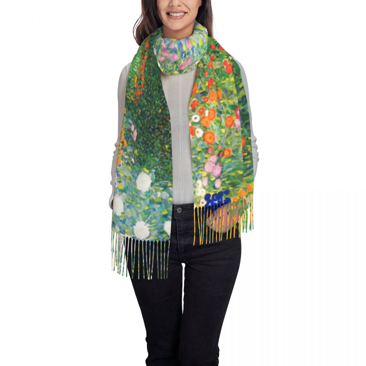 Stylish Gustav Klimt Style Portrait Tassel Scarf Women Winter Fall Warm