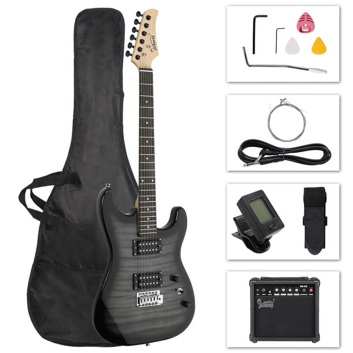 Stylish H-H Pickup Tiger Stripe Guitar Kit with 20W AMP Bag Guitar Strap Black