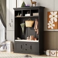 thumbnail image 1 of Stylish Hall Tree, 47.2" Coat Hanger, 3-in-1 Multiple Functions Entryway Bench with 3 Open Storage Shelves, 3 Metal Double Hooks and Shoes Storage Space, for Livingroom Hallway, Black, 1 of 7