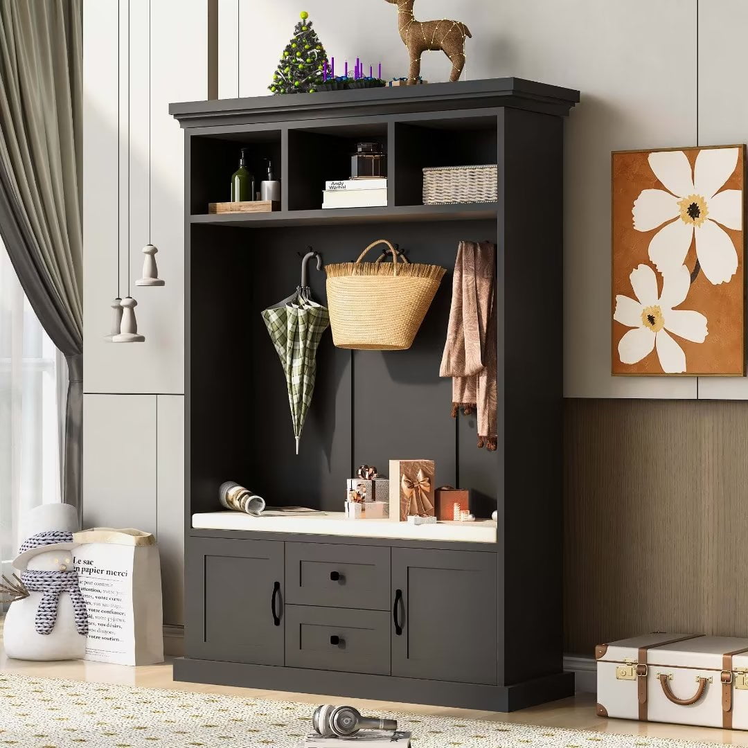 Black Particle Board Hall Tree with Storage Bench and Hooks