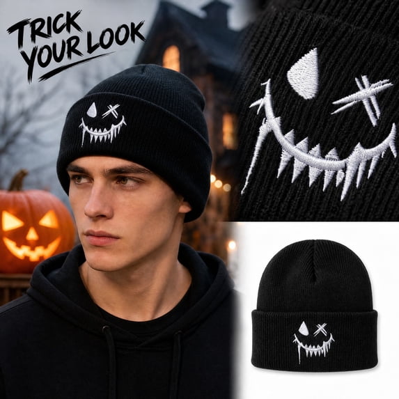 Stylish Halloween Beanie Knitted Hats for Women Men Soft Slouchy Hat Autumn Winter Cap Black One Size