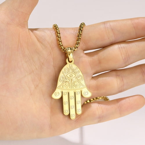 0.37 Carat 14K Yellow Gold Hamsa Hand Of GOD Diamond Pendant Necklace  HandMade Pave Set