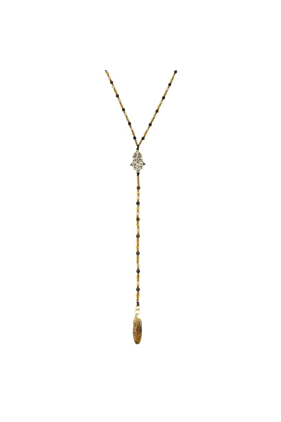 Stylish Hamsa Hand of Protection Tiger's Eye Cotton Rope Lariat Necklace