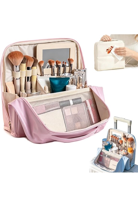 Stylish Handheld Partitioned Cosmetic Bag - Large Capacity PU Leather Travel Makeup Organizer with Detachable Mirror, Adjustable Dividers & Luggage Strap - Waterproof Beauty Cas