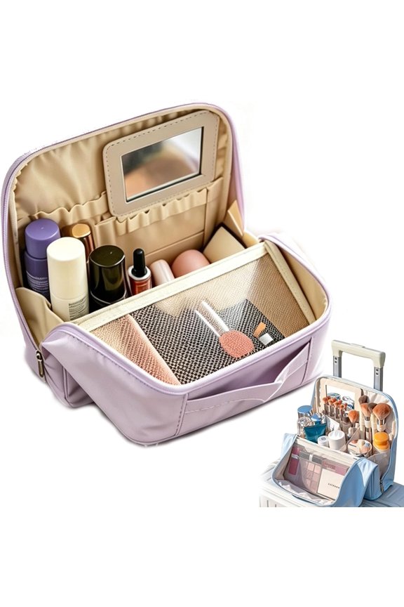 Stylish Handheld Partitioned Cosmetic Bag - Large Capacity PU Leather Travel Makeup Organizer with Detachable Mirror, Adjustable Dividers & Luggage Strap - Waterproof Beauty Cas (Purple)