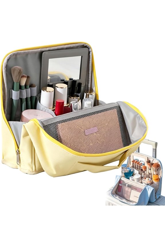 Stylish Handheld Partitioned Cosmetic Bag - Large Capacity PU Leather Travel Makeup Organizer with Detachable Mirror, Adjustable Dividers & Luggage Strap - Waterproof Beauty Cas (Yellow)