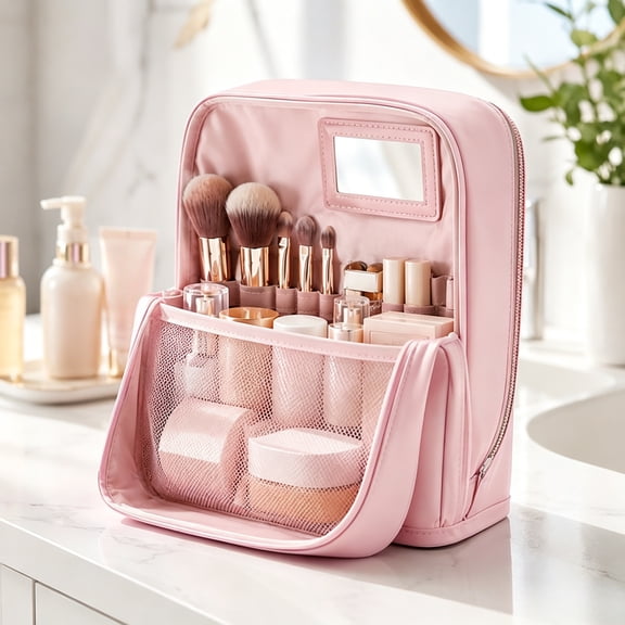 Stylish Handheld Partitioned Cosmetic Bag, Stand-Up Makeup Organizer with Handle for Travel Toiletries Daily Use