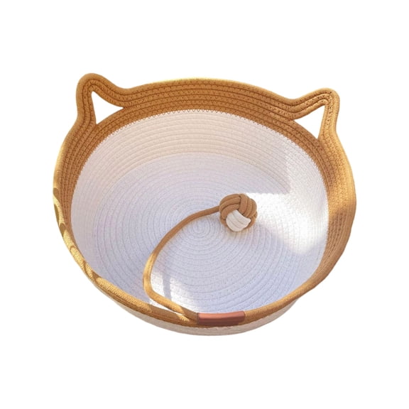 Stylish Handwoven Cat Basket Bed with Cat Ear Handles Cotton Rope Cat Den for Indoor Living Room Bedroom (Brown,5.12x13.78 inch)