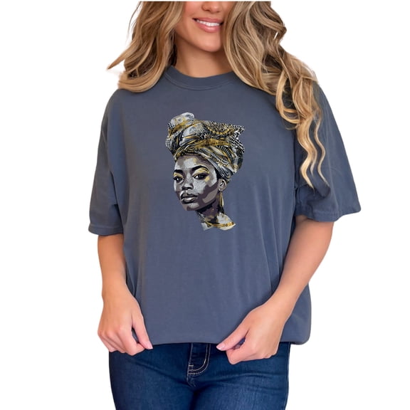 Stylish Headwrap Female Portrait Graphic Tee, Bold African Headscarf Art T-Shirt, Trendy Afrocentric Fashion Top, Unique Cultural Design, Denim Comfort Colors T-Shirt, 2XL