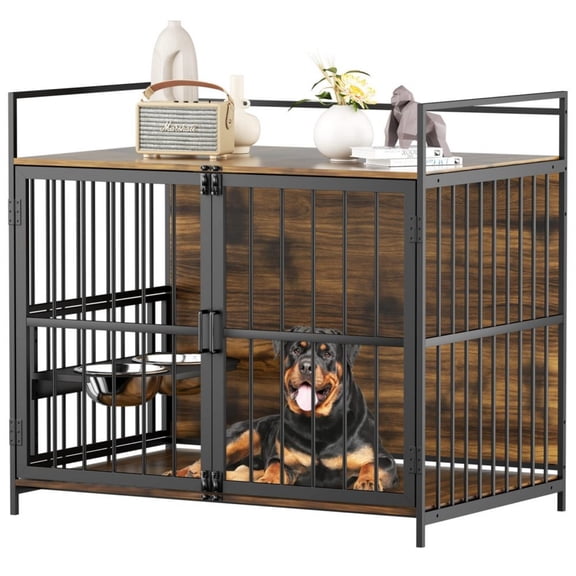 Stylish Heavy-Duty Dog Crate for Large Dogs Indoor Furniture-Style Cage with Adjustable Feeder & Extra Storage, Brown MDF & Metal