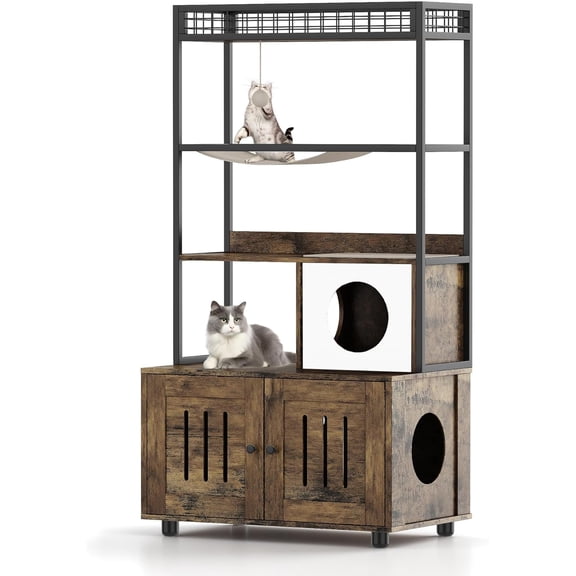 Stylish Hidden Cat Litter Box Enclosure Furniture with Storage Rack - Hammock - Sisal Balls - Scratching Mat - Multi-Level Cat House Condo - Odor Control - Brown