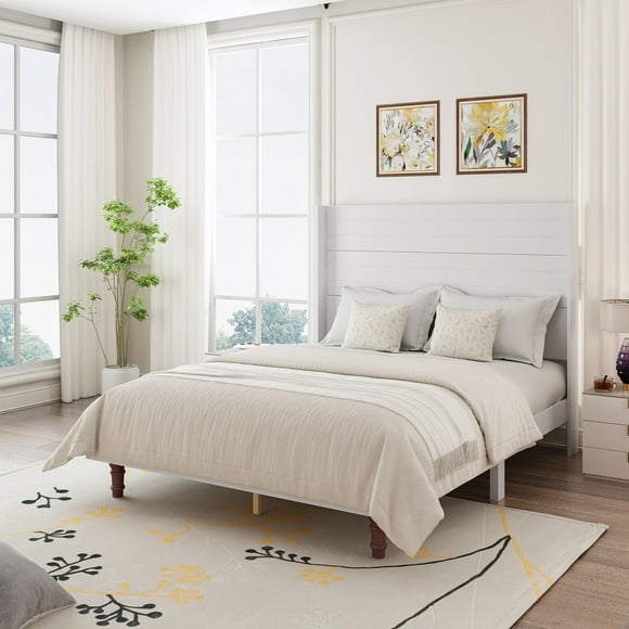 Stylish High Headboard Bed, 54 "High Headboard, High Quality, Comfortable High Back Design Ideal for Reading or Relaxing, Queen Size, White