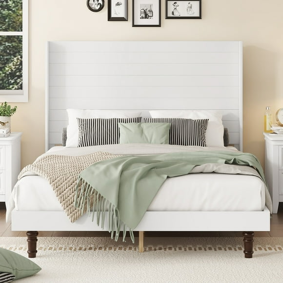 Stylish High Headboard Bed, 54 "High Headboard, High Quality, Comfortable High Back Design Ideal for Reading or Relaxing, Queen Size, White