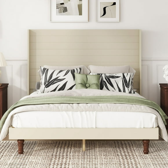 Stylish High Headboard Bed with 54" High Headboard, High Quality, Comfortable High Back Design Ideal for Reading or Relaxing, Queen Size, Beige