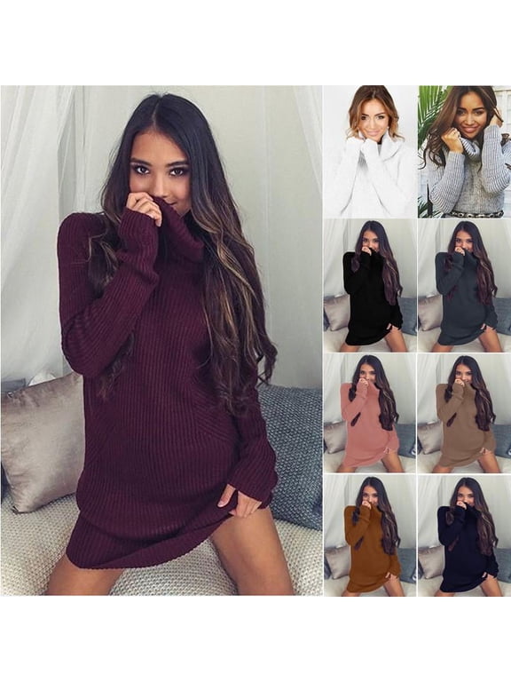 Stylish High-Neck Solid Color Thigh-Length Sweater Dress