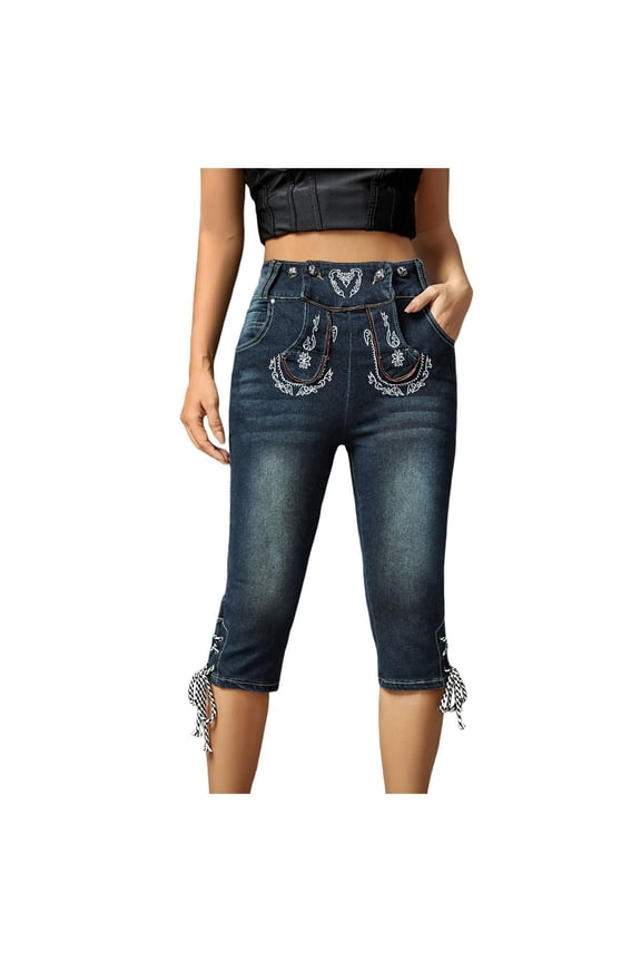 Stylish High Waist Embroidered Crop Denim Pants For Women Comfortable Elastic Everyday Casual Wear Versatile Flattering Fit All Seasons Fashionable Trousers