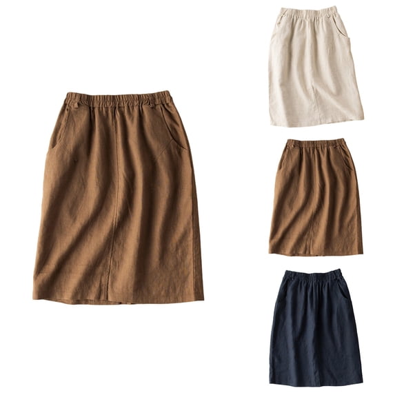 Stylish High Waisted A-Line Linen Skirt, Midi Length with Pockets, Ideal for Spring and Summer, Easy Care, Pair with Short Sleeves