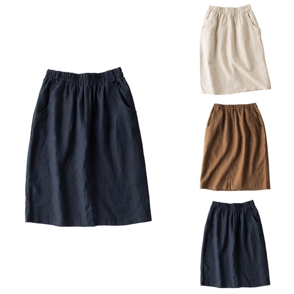 Stylish High Waisted A-Line Linen Skirt, Midi Length with Pockets, Ideal for Spring and Summer, Easy Care, Pair with Short Sleeves