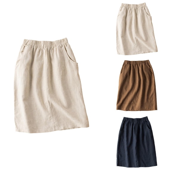 Stylish High Waisted A-Line Linen Skirt, Midi Length with Pockets, Ideal for Spring and Summer, Easy Care, Pair with Short Sleeves