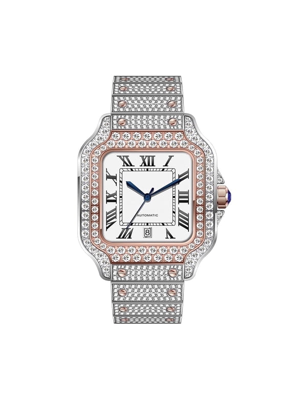 16.75CT Stylish Hip Hop Iced Out VVS Moissanite Automatic Watch,Rose Gold Tone, Passes Tester,Collection of 2882 D Color Moissanite Stones