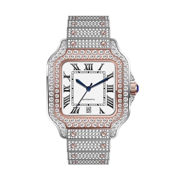 16.75CT Stylish Hip Hop Iced Out VVS Moissanite Automatic Watch,Rose Gold Tone, Passes Diamond Tester,Collection of 2882 D Color Moissanite Stones