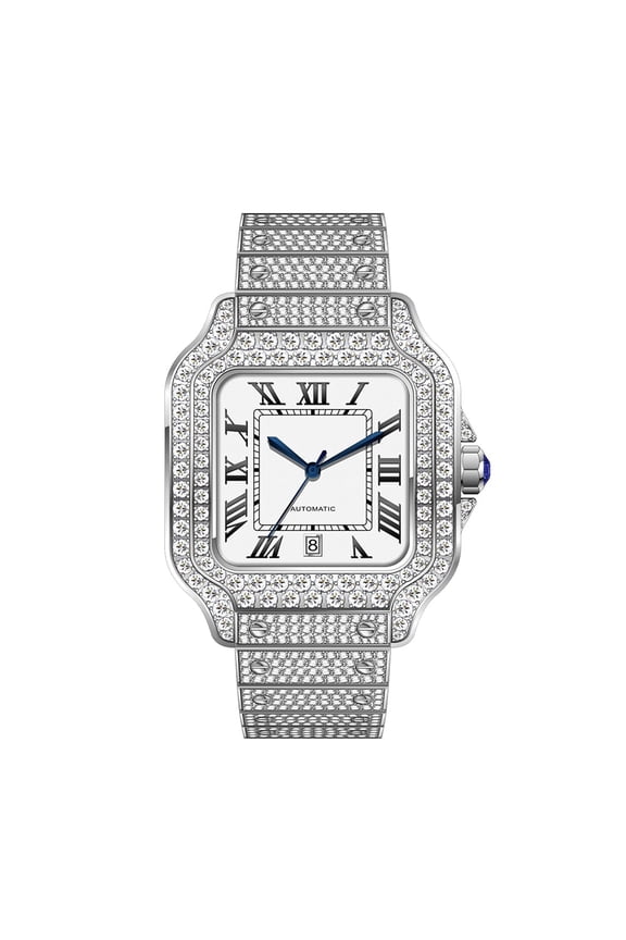 Stylish Hip Hop Iced Out VVS Moissanite Automatic Watch, D Color Stones, White Strap, Passes Diamond Tester
