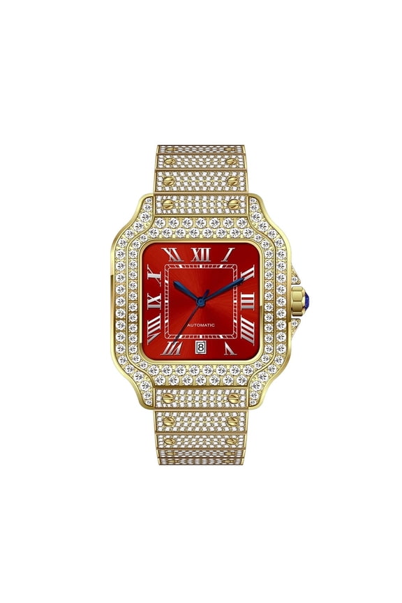 16.75CT Stylish Hip Hop Iced Out VVS Moissanite Automatic Watch, Collection of 2882 D Color Moissanite Stones , Yellow Strap, Passes Diamond Tester