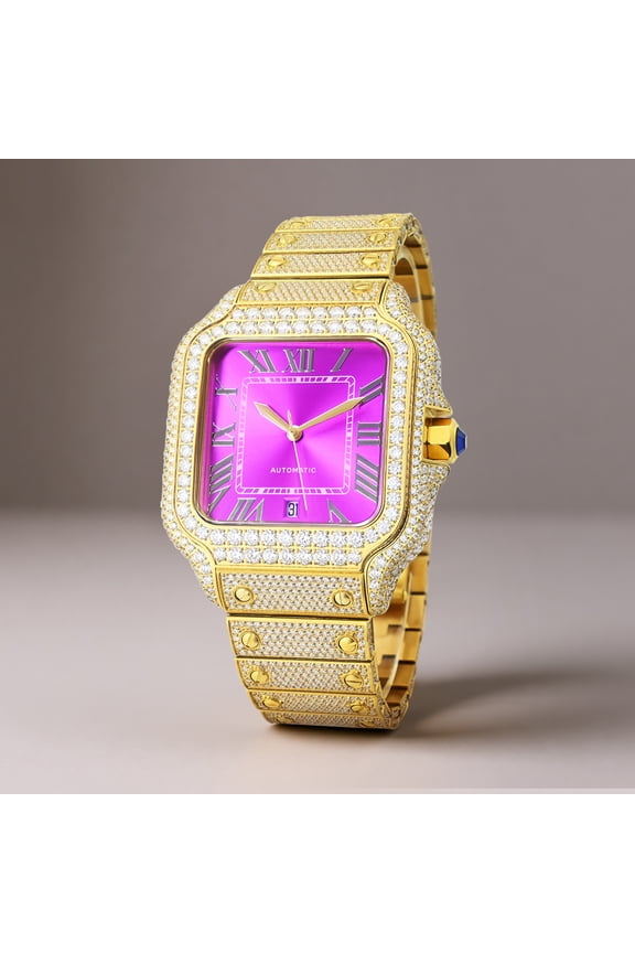 Stylish Hip Hop Iced Out VVS Moissanite Automatic Watch, D Color Stones, Yellow Strap, Passes Diamond Tester