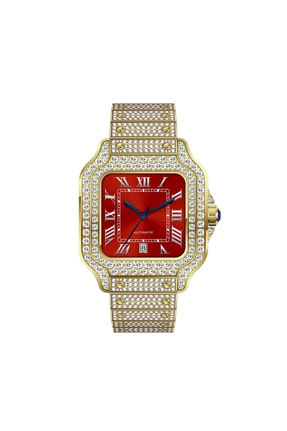 Stylish Hip Hop Iced Out VVS Moissanite Automatic Watch, D Color Stones, Yellow Strap, Passes Diamond Tester