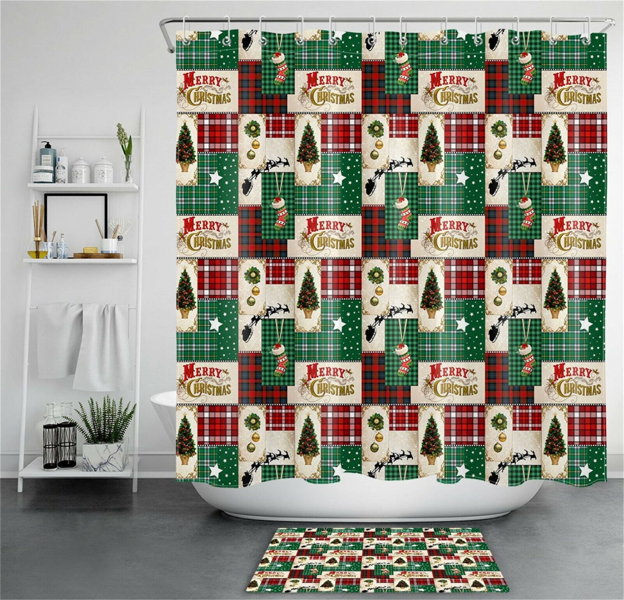 Stylish Holiday Bliss: Plaid Tree and Contemporary Santa Bath Set for a ...