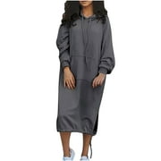 Stylish Hooded Tunic Dress Long Sleeve Pocket Design Womens Casual Pullover Dress Comfortable Sweatshirt