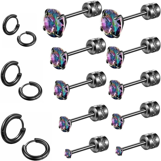 Stylish & Hypoallergenic 8 Pairs Surgical Stainless Steel Earrings Set Screw Back Knurled CZ