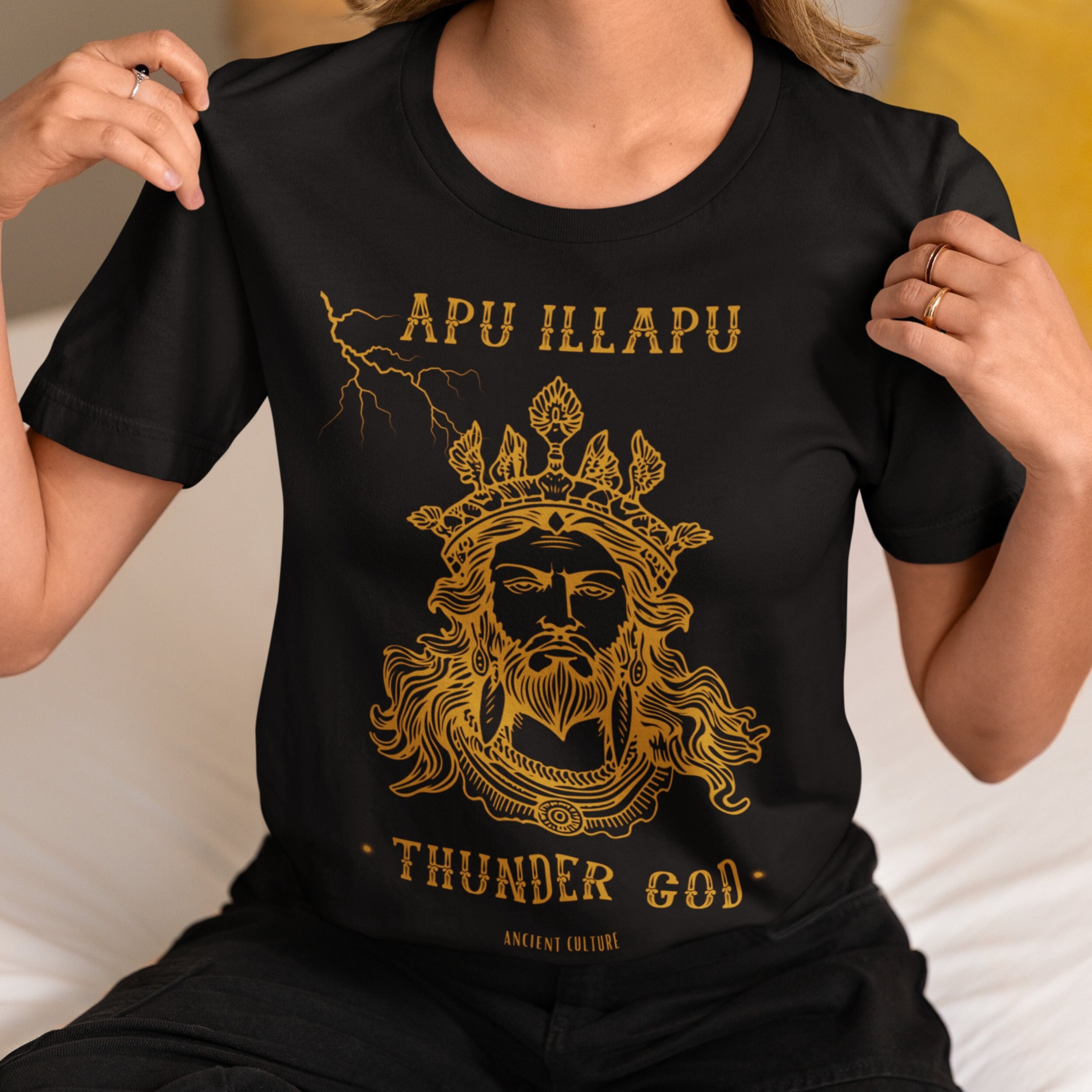 Stylish INCA shirt featuring the Mesoamerican God APU ILLAPU in golden ...