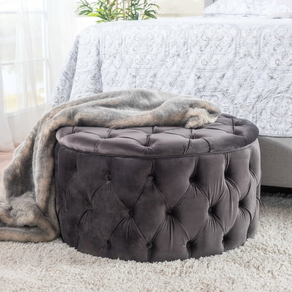 Stylish In Grey Velvet - For Heavy Use Comfort Versatile Footstool With Build And Design
