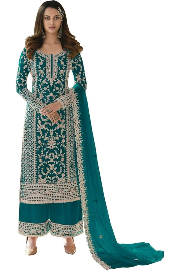 Stylish Indian Pakistani Designer Shalwar Kameez Outfits Sewn Plazzo Suits ( Teal Blue, XXS - 34 )