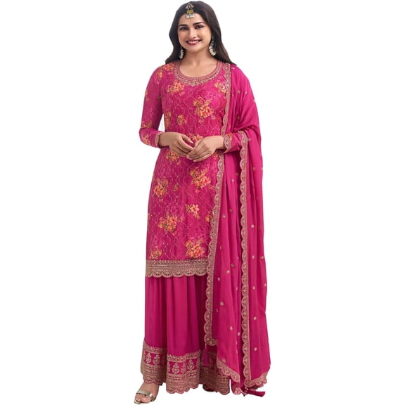Stylish Indian Pakistani Shalwar Kameez Dress Designer Swen Sharara Plazzo Suits ( Pink, XL - 44 )