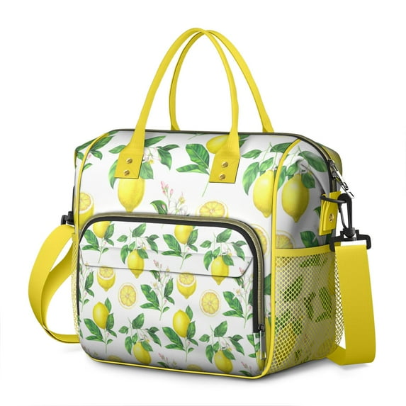 Stylish Insulated Lunch Bag with Vintage Lemon Floral Print Large Dual Compartment Leakproof Cooler Tote Waterproof Adjustable Strap Multi Pockets