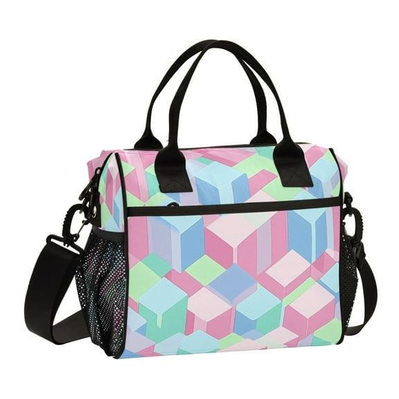Stylish Insulated Lunch Tote Bag Lunch Cooler Tote Reusable Cooler Bag for Work, Camping, Picnic, Beach Cubes Pattern