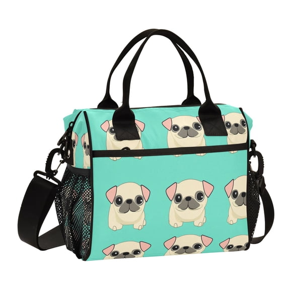 Stylish Insulated Lunch Tote Bag Lunch Cooler Tote Reusable Cooler Bag for Work, Camping, Picnic, Beach Cute Cartoon-style Beige Pugs